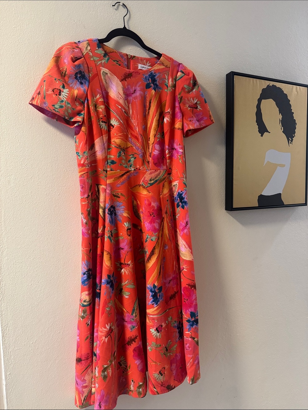 Calvin Klein Coral-Orange Floral Midi Dress